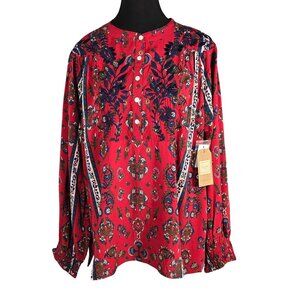NWT | Tru Luxe Jeans Red Multi Ornate Paisley Floral Embroidered Blouse | Large